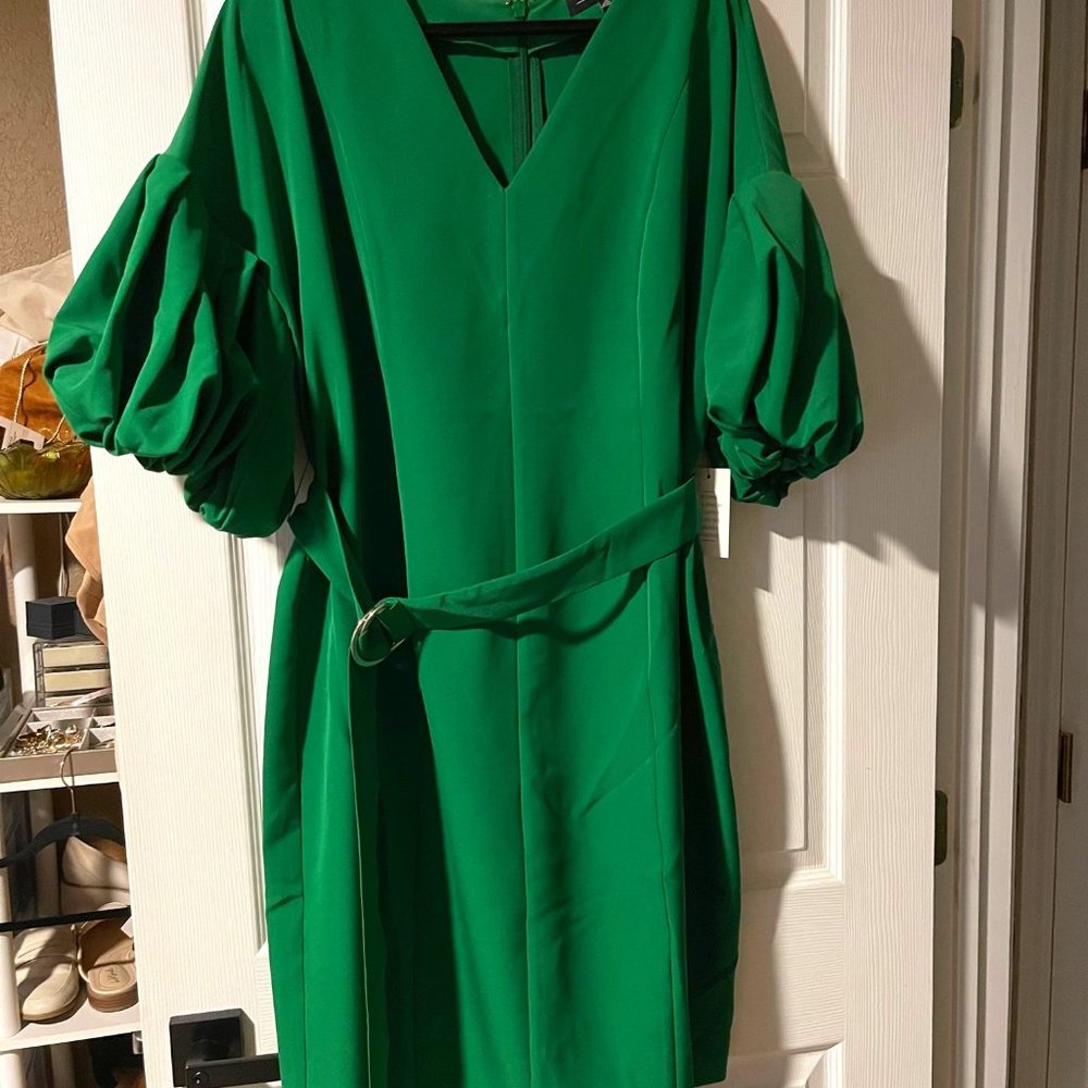 Eloquii Emerald Green Puff Sleeve Belted Dress